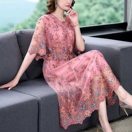 Basic Casual Dresses Summer Embroidered Natural Silk Mesh Flower Sexy Midi Dress 2024 Spring Korean Fashion Beach Dress Womens Luxury Elegant Party Dress Y240524