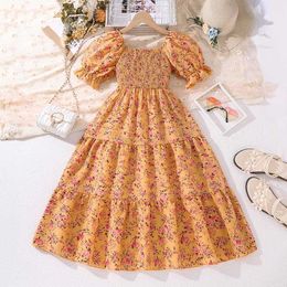 Girl's Dresses Clothing Sets Summer Dress 8-12 Year Old Childrens and Girls Fluffy Sleeves Yellow Flower Long Dress Elegant Princess Birthday Party Daily Dress WX5.23