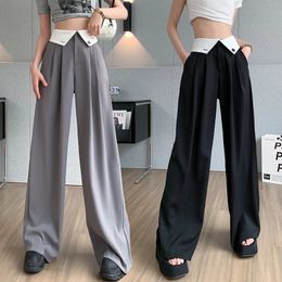 Womens Summer Spicy Girl High end Loose and Slim Slimming Wide Leg Pants with Small Fold and Splice 240524