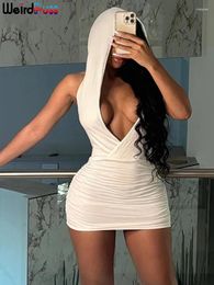 Casual Dresses Weird Puss Backless Dress Women Hipster Hooded Sleeveless Ruched Summer Simple Basic Stretch Deep V-Neck Bodycon Solid