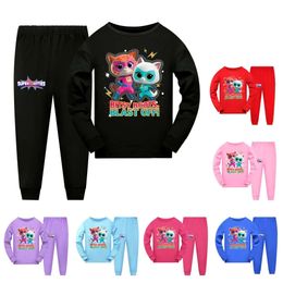 Anime Superkitties Clothes Kids Cartoon Super Cats Pyjamas Baby Girls Long Sleeve T-shirts Pants 2pcs Set Toddler Boys Nightwear L2405