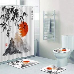 Shower Curtains Asian Japanese Bamboo Trees Sun And Mountains Curtain Rug Set Traditional Ink Painting Mats Rugs Bathroom Home Decor