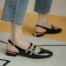 Women Sandals Summer Slippers 213 Woman Flats Double Buckle Mary Janes Patent Leather Dress Shoes Back Strap Zapatos Mujer 033
