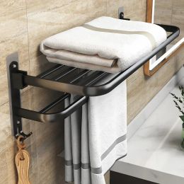 Matte Black No Drilling Towel Rack Movable Holder With Hook Wall Mount Shelf Aluminium Shower Hanger Rail Bathroom Accessories