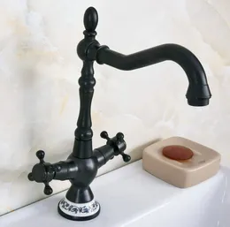 Kitchen Faucets Black Oil Rubbed Bronze Dual Cross Handles Bathroom Basin Sink Faucet Mixer Tap Swivel Spout Deck Mounted Mnf646