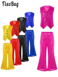 Clothing Sets Kids Boys Girls Jazz Latin Chacha Dance Disco Stage Performance Outfit Teens Set Sequined Vest Waistcoat With Flared Pants