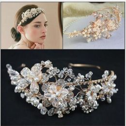 2015 Gold Vintage Bridal Jewelry Headpiece Imitation Pearl Hair Accessories Crystal Hair Band headbands Bridal Crown Tiara Wedding Jewl 291S
