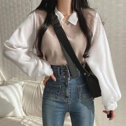 Women's Blouses Y2k Polo Collar False Two-piece Blouse Women Spring Casual Korean Shirt Vintage Loose Pullover Tops Long Sleeve Elegant