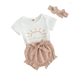 Clothing Sets Toddler Girls Summer Shorts Short Sleeve Sun Print Romper Striped Headband