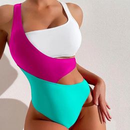 Women's Swimwear Women Monokini One Piece Contrast Color Sexy Stretchy Beachwear Square Neck Push Up Summer Female Swimsuit Beach Party