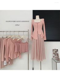 Work Dresses Women's Pink Skirt Sets Vintage Long Sleeve Shirt Crop Top And A-Line Female Y2k Elegant Harajuku Suit 2000s Clothes