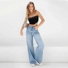 Women's Jeans Womens jeans wide leg pants denim pockets street clothing loose fitting high waisted full-length washing zipper flat solid Colour 2024 Q240523