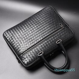 Men Bags Mini Briefcase Handbags Leather Laptop Bag Cowskin Genuine Leather Woven Commercial Business Men's Bags 271D