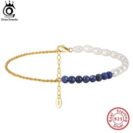 ORSA JEWELS Silver 925 Lapis Lazuli Natural Pearls Chain Anklets for Women Fashion Summer 14K Gold Ankle Straps Jewelry SA56 240524