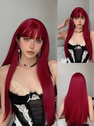 Synthetic Wigs Long wine red straight wig suitable for womens synthetic hair wig with bangs daily party natural role-playing heat-resistant wig Q240523