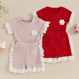 Clothing Sets Baby Girls Cute Sweet Clothes Set Kid Ribbed 3D Flower Ruffles Casual Short Sleeve T-shirts Pant Summer Children Comforts
