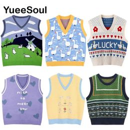 Japan Style Cute Women Sweater Vest Printed Sleeveless Loose Outerwear Knitted Waistcoat Vintage Y2K Autumn Pullovers Tops 240523