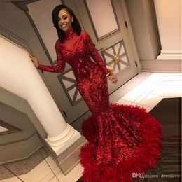 Gorgeous Sparkly Red Mermaid Evening Dresses Sequined with Feathers Long Sleeve African Black Girl Prom Dresses Formal Party Gown 254b