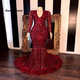 Dark Red Lace Feather Mermaid Prom Dresses Black Girls V Neck Long Sleeves Sweep Train Formal Evening Party Gowns Real Image 318J
