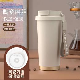 Minimalist new large capacity 316 stainless steel insulated cup dual drink ceramic coffee cup car mounted portable straw water cup