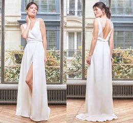 Summer Beach Bohemian Wedding Dresses Sexy Backless A Line V Neck Split Bridal Gowns Simple Designed Robes de soriee BC18542