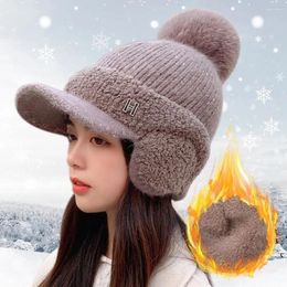 Ball Caps Big Pompom Wool Knitted Hat For Women Solid Color Velvet Lined Warm Earflaps Baseball Cap Ladies Outdoor Sport Cold-proof Bonnet