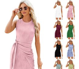 Sensual Bodycon Silhouette Solid Color Pleated Tie Knit Vest Dress with Round Neckline AST38021