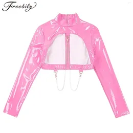 Women's Tanks Womens Glossy Patent Leather Hollow Out Crop Top Metal Chains Stand Collar Long Sleeve Back Zipper Gothic Tops Party Clubwear