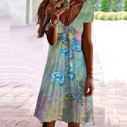 Casual Dresses Summer Women's T Shirt Dress Butterfly Floral Print V Neck Mini Outdoor Daily Short Sleeve Female Elegant 5XL