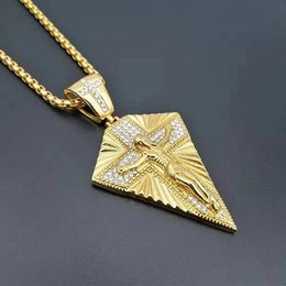 14K Yellow Gold Big Jesus Cross Pendant Chain Male Gold Color Paved Rhinestones Crucifix Necklaces For Men Jewelry