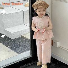Clothing Sets Bear collar 3-7Y summer pink girls casual clothing set with sleeveless lace stand up top and pants WX5.237254