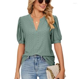 Women's T Shirts 2024 Summer Casual Comfortable Elegant Sweet And Fresh Pullover V-neck Solid Hollow Bubble Sleeve Loose T-shirt Top For