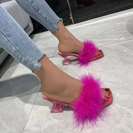 Slippers Sexy Strange Transparent Feather Sandals High Heels for Women Clear PVC Square Open Toe Fur Ladies M 8ee