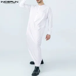 Ethnic Clothing INCERUN Men Muslim Kaftan Solid Colour O-neck Long Sleeve Islamic Arabic Jubba Thobe Streetwear 2024 Loose Vintage Male