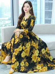 Casual Dresses 2024 Spring Chiffon Floral Yellow Fashion For Beach Prom Long Sleeve Elegant Tunics Chic Evening Midi Dress F65