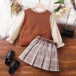 Clothing Sets 2Pcs Kids Toddler Girls Clothes Long Ruffled Sleeve Patchwork Tops Plaid Skirt With Belt 3PCS Outfits 3 4 5 6 7 Years