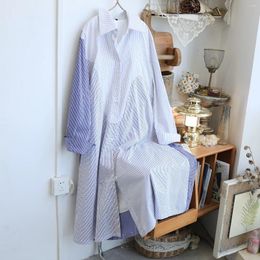 Casual Dresses 114cm Bust Spring Autumn Women High Quality Loose Plus Size Striped Patchwork Comfy Cotton Shirt