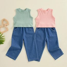 Clothing Sets Kids Girls Summer Outfits Solid Colour Ribbed Knit Sleeveless Tank Tops Elastic Waist Jeans Denim Long Pants 2pcs Clothes