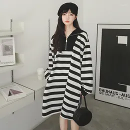 Casual Dresses Preppy Style Sailor Collar Long Sleeve Stripe Dress 2024 Spring Women Elegant Japan Girl Loose Hoodie 6735