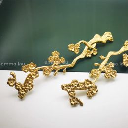 235mm Super Length Brass Plum Blossom Handmade Cabinet Door Handle Pure Copper Retro Wardrobe Knob Handles Furniture Pulls Diy