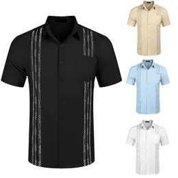 Men's Casual Shirts Short Sleeve Linen Shirt Cuban Beach Tops Pocket Guayabera