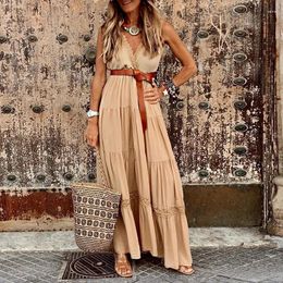 Casual Dresses Summer Dress For Women High Waist Sleeveless V-neck A-line Long Loose Bare Shoulder Sexy Vestidos Street