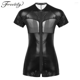 Women's Swimwear Mens Adults One-piece Shiny Metallic Crew Neck Mesh Patchwork Skin-Tight Leotard Short Sleeves Bodysuit Hommes Jumpsuit