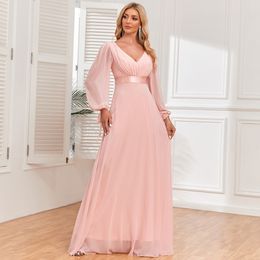 2024 Luxurious pink Mother of the Bride Dresses Long Sleeves V Neck Pink Plus Size Formal Party Prom Gowns Elegant Chiffon Formal Evening Gowns prom dress on black girl