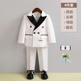 Children White Wedding Boys Girls1 Year Birthday Costume Kids Jacket Pants Bowtie Photograph Suit Flower Tuxedo Dress