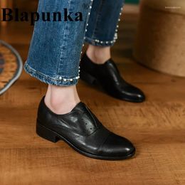 Casual Shoes Blapunka Women Genuine Leather Oxfords Retro Top Quality Round Toe Black Brown Derby Woman Autumn Spring Footwear 40