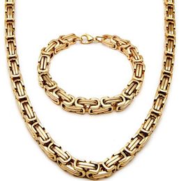 New Men 18K Gold Plated Stainless Steel Wide Byzantine Necklace Bracelet Set 274J