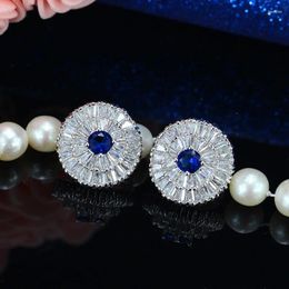 Stud Earrings Fashion Brand Jewelry Gorgeous Cubic Zirconia Stones Piercing Round Ladies With Blue Crystal