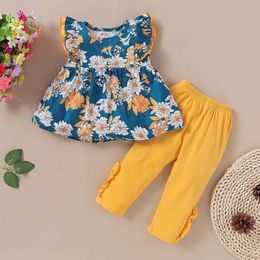 Kleidungsstücke Kleidungsstücke 1-6T Kinderbaby Kleidungsstück Set ärmellose Blumen-T-Shirt+Feste Farben Leggings 2pcs Kindermädchen Bankettkleidung WX5.23