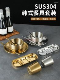 Dinnerware Sets 304 Stainless Steel Barbecue Restaurant Tableware Dishes Table Set Golden Rice Bowls Dipping Plates Chopsticks Spoons